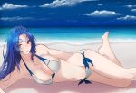  bare_shoulders barefoot beach bikini blue_hair blue_sky breasts cleavage cloud collarbone commentary day engrish_commentary eyebrows_visible_through_hair forehead_tattoo halterneck highres kos-mos kos-mos_ver._3 large_breasts long_hair lying navel ocean on_side outdoors parted_lips red_eyes sand side-tie_bottom sideboob sky swimsuit tusia water waves white_bikini xenosaga xenosaga_episode_ii 