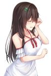  bare_shoulders blush breasts broken_heart brown_hair closed_eyes collarbone crying dress eyebrows_visible_through_hair hair_ornament highres large_breasts long_hair original parted_lips simple_background solo white_background white_dress ym_(distance819) 