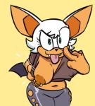  2018 anthro bat breasts clothed clothing digital_media_(artwork) fangs female flashing fur green_eyes hair looking_at_viewer mammal middle_finger midriff mocking navel nipple_bulge nipple_piercing nipples one_breast_out piercing pose rouge_the_bat simple_background smile sonic_(series) tan_fur terrible_the_drawfag tongue tongue_out white_hair 