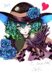  1girl artist_name black_hat blue_flower blue_rose blush curly_hair fingernails flower frilled_sleeves frills gloves green_eyes hair_between_eyes hat hat_flower head_tilt heart highres joker_(stjoker) komeiji_koishi lips long_fingernails long_hair looking_at_viewer purple_gloves rose scan shirt simple_background smile solo stitches third_eye touhou traditional_media upper_body white_background wide_sleeves 