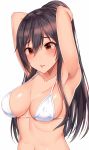  armpits arms_up bangs bare_shoulders black_hair blush breasts cleavage collarbone commentary_request hair_between_eyes highres hiiragi_hajime idolmaster idolmaster_shiny_colors large_breasts long_hair ponytail revision shirase_sakuya simple_background solo swimsuit white_background white_bikini_top yellow_eyes 