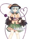  binan_xian_lu black_hat chinese_commentary commentary_request eyebrows_visible_through_hair feet_out_of_frame floral_print frilled_shirt_collar frills green_eyes green_hair green_skirt hair_between_eyes hand_up hat hat_ribbon heart heart_of_string komeiji_koishi long_sleeves looking_at_viewer petticoat ribbon shirt short_hair simple_background skirt smile solo standing third_eye touhou white_background wide_sleeves yellow_ribbon yellow_shirt 