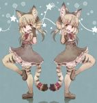 animal_ears back-to-back belt bow brown_hair cat_ears cat_tail claw_pose commentary elbow_gloves eyebrows_visible_through_hair fang frilled_skirt frills fur_collar gloves high-waist_skirt highres jungle_cat_(kemono_friends) kemono_friends kolshica leg_up light_brown_hair multicolored_hair multiple_girls neck_ribbon ribbon short_hair short_sleeves skirt symmetry tail tail_bow thighhighs twintails yellow_eyes 