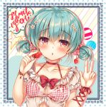  babydoll bangs blue_hair blush bow bra breasts chestnut_mouth collarbone cursive diagonal-striped_background diagonal_stripes double_bun eyebrows_visible_through_hair flower food food_themed_hair_ornament frame frills fruit hair_between_eyes hair_bow hair_flower hair_ornament halter_top halterneck hand_up holding holding_food holding_fruit looking_at_viewer original pink_bow plaid plaid_bra polka_dot polka_dot_background polka_dot_bow red_bow red_bra red_eyes red_ribbon ribbon see-through shiny shiny_hair short_hair short_sleeves short_twintails silhouette small_breasts solo star strawberry strawberry_hair_ornament striped striped_background suzune_rena thank_you twintails underwear upper_body w white_babydoll white_background white_flower wrist_ribbon wristband 