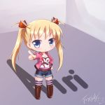  blonde_hair blue_eyes bow chibi commentary langbazi long_hair looking_at_viewer oni_chichi shoes shorts striped striped_legwear thighhighs twintails zettai_ryouiki 