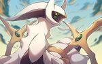  arceus cloud colored_sclera commentary_request day from_below green_sclera katsukare looking_down no_humans outdoors pokemon pokemon_(creature) red_eyes sky solo 