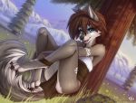  2018 anthro blue_eyes blueberry_(fruit) bracelet brown_hair canine claws detailed_background field flower fluff-kevlar fog food fruit grass grey_wolf hair hi_res jewelry looking_at_viewer mammal markings mountain pawpads plant short_hair signature smile solo tala_(fluff-kevlar) tree tribal tribal_markings url wolf 