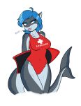  2018 absurd_res ambris anthro blue_eyes blue_hair breasts clothed clothing erika_(ambris) female fish hair hi_res marine non-mammal_breasts one-piece_swimsuit shark simple_background solo surfboard swimsuit tongue tongue_out white_background 