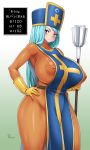 1girl areolae blue_hair breasts cross curvy dragon_quest dragon_quest_iii erect_nipples gloves gradient_background hat huge_breasts large_areolae long_hair nipples onomeshin priest_(dq3) red_eyes simple_background solo standing thick_thighs 