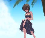  adjusting_clothes adjusting_swimsuit bangs bikini black_bikini black_choker black_sarong blue_sky blurry_foreground blush breasts choker closed_mouth cloud cloudy_sky commentary day eyebrows_visible_through_hair girls_und_panzer head_tilt light_frown looking_at_viewer medium_breasts monolith_(suibou_souko) nishizumi_maho no_panties outdoors palm_tree sarong short_hair sky solo standing swimsuit tree 
