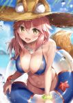  ale_nqki animal_ear_fluff animal_ears bikini blue_sky blurry blush breasts cleavage cloud day depth_of_field eyebrows_visible_through_hair fate/grand_order fate_(series) fox_ears fox_tail hair_between_eyes hat highres innertube jewelry large_breasts looking_at_viewer navel necklace open_mouth pink_hair sand_dollar side-tie_bikini skindentation sky smile solo starfish straw_hat swimsuit tail tamamo_(fate)_(all) tamamo_no_mae_(swimsuit_lancer)_(fate) wet yellow_eyes 