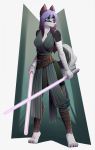  4_toes anthro black_nose blue_eyes breasts canine clothed clothing dog female hair knight_dd lightsaber mammal purple_hair solo standing star_wars toes 