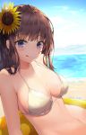  ;q artist_name bangs bare_shoulders beach bikini_top blue_sky blush breasts brown_hair cleavage closed_mouth cloud cloudy_sky day eyebrows_visible_through_hair flower hair_flower hair_ornament halter_top halterneck highres innertube lee_seok_ho long_hair looking_at_viewer medium_breasts midriff navel ocean one_eye_closed original outdoors purple_eyes sand sitting sky smile solo stomach strap_gap sunflower swimsuit tongue tongue_out water wet wet_hair 
