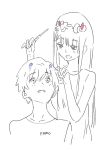  1girl bangs black_hair blue_horns blush couple darling_in_the_franxx findoworld hand_on_another's_head hetero hiro_(darling_in_the_franxx) holding horns long_hair looking_at_another looking_back monochrome nightgown oni_horns pajamas pink_hair red_sclera shirtless signature zero_two_(darling_in_the_franxx) 