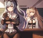  2girls :d anchorage_(azur_lane) azur_lane bangs bare_shoulders black_legwear blush breasts brown_hair buran_(22x) card crossed_bangs eyebrows_visible_through_hair grey_hair hair_ornament highres large_breasts long_hair long_sleeves looking_at_viewer marco_polo_(azur_lane) marco_polo_(the_queen_of_hearts)_(azur_lane) multiple_girls official_alternate_costume open_mouth playing_card red_eyes side_ponytail sleeves_past_fingers sleeves_past_wrists smile underboob 