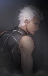  archer dark_skin dark_skinned_male fate/stay_night fate_(series) from_behind from_side grey_eyes h_sueun indoors light_rays looking_down male_focus muscle parted_lips sitting solo sunbeam sunlight white_hair zelovel 