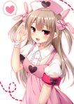  apron bandages blush brown_hair commentary_request eyebrows_visible_through_hair fujikura_ryuune hat heart long_hair looking_at_viewer natori_sana nurse_cap pink_apron puffy_short_sleeves puffy_sleeves red_eyes sana_channel shirt short_sleeves simple_background solo spoken_heart thighhighs two_side_up virtual_youtuber white_background white_shirt 