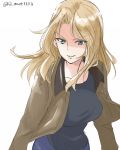  blonde_hair blue_eyes bomber_jacket breasts fuji_(fuji_mount3333) girls_und_panzer hair_intakes jacket kay_(girls_und_panzer) large_breasts long_hair saunders_military_uniform shaded_face smile solo tank_top twitter_username white_background 
