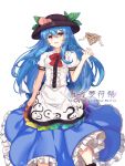  :d binan_xian_lu black_hat blouse blue_hair blue_skirt bow bowtie breasts center_frills chinese_commentary commentary_request eyebrows_visible_through_hair feet_out_of_frame food fruit hair_between_eyes hat hinanawi_tenshi keystone leaf long_hair looking_at_viewer open_mouth peach petticoat puffy_short_sleeves puffy_sleeves red_bow red_eyes red_neckwear rock rope shimenawa short_sleeves sidelocks simple_background skirt small_breasts smile solo standing touhou very_long_hair white_background white_blouse 