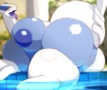  1girl blue_eyes breasts fdokkaku furry lugia nipples open_mouth pokemon solo tongue water 