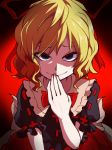  1girl black_dress black_eyes blonde_hair dress evil_smile hair_ribbon hand_to_own_mouth looking_at_viewer medicine_melancholy medium_hair puffy_short_sleeves puffy_sleeves red_ribbon ribbon shaded_face short_sleeves smile smirk tatundajo2012 touhou you_gonna_get_raped 