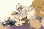  2girls ahoge ahoge_wag artoria_pendragon_(all) artoria_pendragon_(lancer) bikini blonde_hair braid cleavage_cutout commentary expressive_hair fate/grand_order fate_(series) fur_trim ground_vehicle hawaiian_shirt horseback_riding itsuki_(s2_129) merlin_(fate) motor_vehicle motorcycle multiple_girls on_motorcycle riding saber shirt shorts sunglasses swimsuit v white_hair 