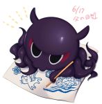  black_eyes cat commentary_request dated fate/grand_order fate_(series) father's_day full_body highres holding ko_yu no_humans octopus painting painting_(object) partial_commentary simple_background solo tokitarou_(fate/grand_order) translation_request white_background 