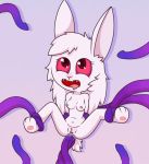  3_toes anal anal_penetration breasts brown_eyes cum cum_inside female hair hands_behind_back lagomorph mammal mocho4266 nude penetration pussy rabbit red_sclera restrained sharp_teeth smile solo_focus spread_legs spreading teeth tentacles toes white_hair 