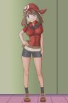  1girl armad bandanna bike_shorts blue_eyes blush brown_hair full_body hand_on_hip haruka_(pokemon) hat long_hair pokemon pokemon_(game) pokemon_rse smile solo tight_clothes tight_pants tight_top 