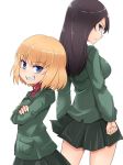  back back-to-back bangs black_hair black_skirt blonde_hair blue_eyes clenched_hand closed_mouth commentary crossed_arms emblem eyebrows_visible_through_hair from_behind frown girls_und_panzer green_jacket grin jacket katyusha kitayama_miuki long_hair long_sleeves looking_at_viewer looking_back miniskirt multiple_girls nonna pleated_skirt pravda_school_uniform red_shirt school_uniform shirt short_hair simple_background skirt smile standing turtleneck white_background 