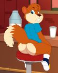  anthro barstool bottomless butt clothed clothing conker conker&#039;s_bad_fur_day jerseydevil looking_at_viewer looking_back male mammal rodent sitting solo squirrel video_games 