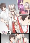  2boys 3girls :d ^_^ baby baby_carry brown_hair closed_eyes comic commentary crown dress dress_of_heaven faceless faceless_male fate/grand_order fate_(series) frown fujimaru_ritsuka_(male) ginhaha irisviel_von_einzbern jeanne_d'arc_(alter)_(fate) jeanne_d'arc_(fate)_(all) long_hair minamoto_no_raikou_(fate/grand_order) multiple_boys multiple_girls open_mouth purple_hair red_eyes silent_comic silver_hair smile 