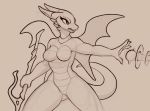  4_fingers anthro breasts claws clenched_teeth conditional_dnp dragon featureless_breasts featureless_crotch female front_view glare grey_background guide_lines holding_object holding_weapon line_art magic magic_user nude qualzar scalie simple_background solo spread_wings standing teeth weapon western_dragon wide_hips wings 