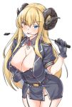  black_gloves blonde_hair blue_eyes breasts cleavage curled_horns demon_girl garter_straps gloves heterochromia horns huge_breasts long_hair looking_at_viewer military military_uniform original riding_crop shirokuma_a shirt_tug solo tongue tongue_out uniform yellow_eyes 