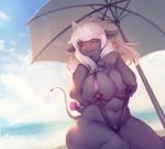  2018 4_fingers beach big_breasts bikini black_fur blush bovine breasts cattle clothed clothing condom ear_piercing female front_view fur hair hi_res looking_at_viewer mammal navel one_eye_closed outside piercing pointing_at_viewer ribbons sea seaside skimpy slightly_chubby sling_bikini solo sunshine swimsuit tail_tuft tuft voluptuous water white_hair whooo-ya 