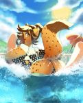  2018 amber_eyes anthro beach_umbrella black_nose blonde_hair butt clothed clothing cloud detailed_background eyelashes female floating fur hair hi_res hyena looking_at_viewer looking_back mammal okka one-piece_swimsuit open_mouth outside partially_submerged pool_noodle rear_view sharp_teeth short_hair sky smile solo spots spotted_fur sun swimming_pool swimsuit tan_fur teeth tongue water 