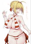 :d ahoge bead_bracelet beads bikini blonde_hair blush bouncing_breasts bracelet breasts cameltoe commentary_request covered_nipples criss-cross_halter fate/grand_order fate_(series) green_eyes groin hair_ribbon halterneck heart highres jema jewelry large_breasts navel nero_claudius_(fate)_(all) nero_claudius_(swimsuit_caster)_(fate) open_mouth plump red_ribbon revision ribbon short_hair side-tie_bikini simple_background smile solo standing striped striped_bikini swimsuit translation_request white_background 