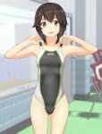  absurdres alternate_costume black_hair black_swimsuit chair commentary_request competition_swimsuit cowboy_shot flat_chest folding_chair hayasui_(kantai_collection) highres indoors kantai_collection looking_at_viewer multicolored multicolored_clothes multicolored_swimsuit one-piece_swimsuit short_hair silver_eyes solo standing swimsuit takafumi 