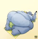  2017 3_toes animal_crossing anthro arkveveen_(artist) bedroom_eyes belly big_belly big_bulge biped black_eyes bulge clothed clothing digital_drawing_(artwork) digital_media_(artwork) dizzy_(animal_crossing) elephant eyewear full-length_portrait grey_skin half-closed_eyes hi_res high-angle_view holding_object hooved_fingers hooves hyper hyper_belly lighting looking_at_viewer lying male mammal moobs morbidly_obese nintendo obese obese_male on_back on_towel overweight overweight_male portrait seductive shadow smile solo speedo stretch_marks sunglasses swimsuit thick_thighs toes topless towel trunk video_games white_hooves yellow_theme 