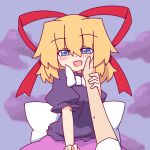  1girl :d adapted_costume blonde_hair blue_eyes blush breasts doll eyebrows_visible_through_hair hair_ribbon kakinoki_mikan_(kari) medicine_melancholy medium_breasts naughty_face open_mouth poison pov pov_hands puffy_short_sleeves puffy_sleeves red_ribbon ribbon short_sleeves smile touhou white_ribbon 