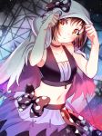  adjusting_hood bang_dream! black_bow blush bow brown_hair choker collarbone commentary crop_top dew_(dltmf2266) ghost_costume hair_bow hazawa_tsugumi hood hood_up hooded_cape looking_at_viewer midriff multicolored multicolored_clothes multicolored_skirt navel orange_eyes polka_dot polka_dot_bow shirt skirt sleeveless sleeveless_shirt solo stitches 