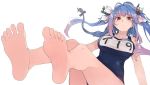  bangs bare_legs barefoot blue_hair blush breasts commentary_request eyebrows_visible_through_hair feet hair_between_eyes hair_ribbon headgear highres i-19_(kantai_collection) kantai_collection large_breasts legs legs_up long_hair long_legs looking_at_viewer multicolored_hair name_tag one-piece_swimsuit open_mouth pov_feet red_eyes ribbon school_swimsuit soles solo star star-shaped_pupils swimsuit symbol-shaped_pupils thighs tri_tails twintails two-tone_hair wataro_(watawatawatapon) 