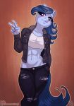  2018 5_fingers abs anthro atryl blue_hair breasts brown_background clothed clothing earth_pony equine eyebrows eyelashes fan_character female fully_clothed hair horse jacket jeans mammal midriff my_little_pony navel pants patreon pony portrait pose purple_eyes raylanda signature simple_background smile solo standing text three-quarter_portrait url v_sign watermark 
