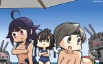  :d ahoge akizuki_(kantai_collection) black_hair blue_eyes blue_swimsuit blush breasts chitose_(kantai_collection) chou-10cm-hou-chan commentary crossed_arms dated empty_eyes grey_eyes grey_hair hair_flaps hamu_koutarou highres kantai_collection large_breasts long_hair low_twintails multiple_girls one-piece_swimsuit open_mouth ponytail purple_hair red_eyes school_swimsuit smile swimsuit taigei_(kantai_collection) twintails ||_|| 