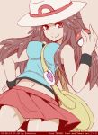  bag bare_shoulders blue_(pokemon) breasts brown_eyes brown_hair cowboy_shot half-closed_eyes hand_on_hip hat holding holding_poke_ball kobayashi_tetsuya long_hair looking_at_viewer miniskirt navel pleated_skirt poke_ball poke_ball_(generic) pokemon pokemon_(game) pokemon_frlg red_skirt skirt smile solo sun_hat vs_seeker wristband 