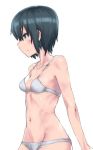  bangs bra breasts commentary_request eyebrows_visible_through_hair green_eyes green_hair grey_bra grey_panties kino kino_no_tabi monolith_(suibou_souko) navel panties short_hair simple_background small_breasts solo underwear underwear_only white_background 