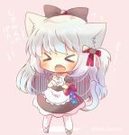  &gt;_&lt; :o american_flag american_flag_print animal_ears apron azur_lane bare_shoulders black_bow black_dress blush bow brown_background cat_ears cat_girl cat_hair_ornament cat_tail chibi closed_eyes commentary_request dress facing_viewer fang flag_print full_body hair_bow hair_ornament hammann_(azur_lane) hands_up kemonomimi_mode kouu_hiyoyo long_hair one_side_up open_mouth own_hands_together pantyhose puffy_short_sleeves puffy_sleeves red_bow short_sleeves silver_hair solo standing strapless strapless_dress tail translation_request very_long_hair waist_apron white_apron white_legwear wrist_cuffs 