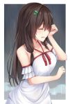  bare_shoulders blush breasts broken_heart brown_hair closed_eyes collarbone crying dress eyebrows_visible_through_hair hair_ornament highres large_breasts long_hair original parted_lips rain solo white_dress ym_(distance819) 