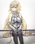 armor armored_dress black_legwear blonde_hair blue_eyes breasts chain chibirisu cleavage elbow_gloves fate/grand_order fate_(series) flagpole gauntlets gloves jeanne_d'arc_(fate) jeanne_d'arc_(fate)_(all) large_breasts long_hair looking_to_the_side solo thighhighs very_long_hair 
