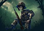  backpack bag brown_hair camouflage commentary english_commentary erica_(naze1940) glasses gun hat holding holding_gun holding_weapon jungle m1_carbine military military_hat military_uniform nature one_knee original short_hair soldier solo uniform vietnam_war watch weapon wristwatch 